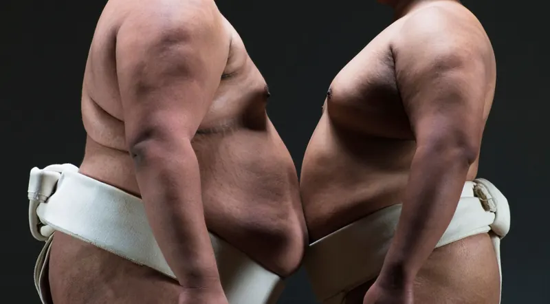 Black and white detail shot of two wrestlers standing back to back