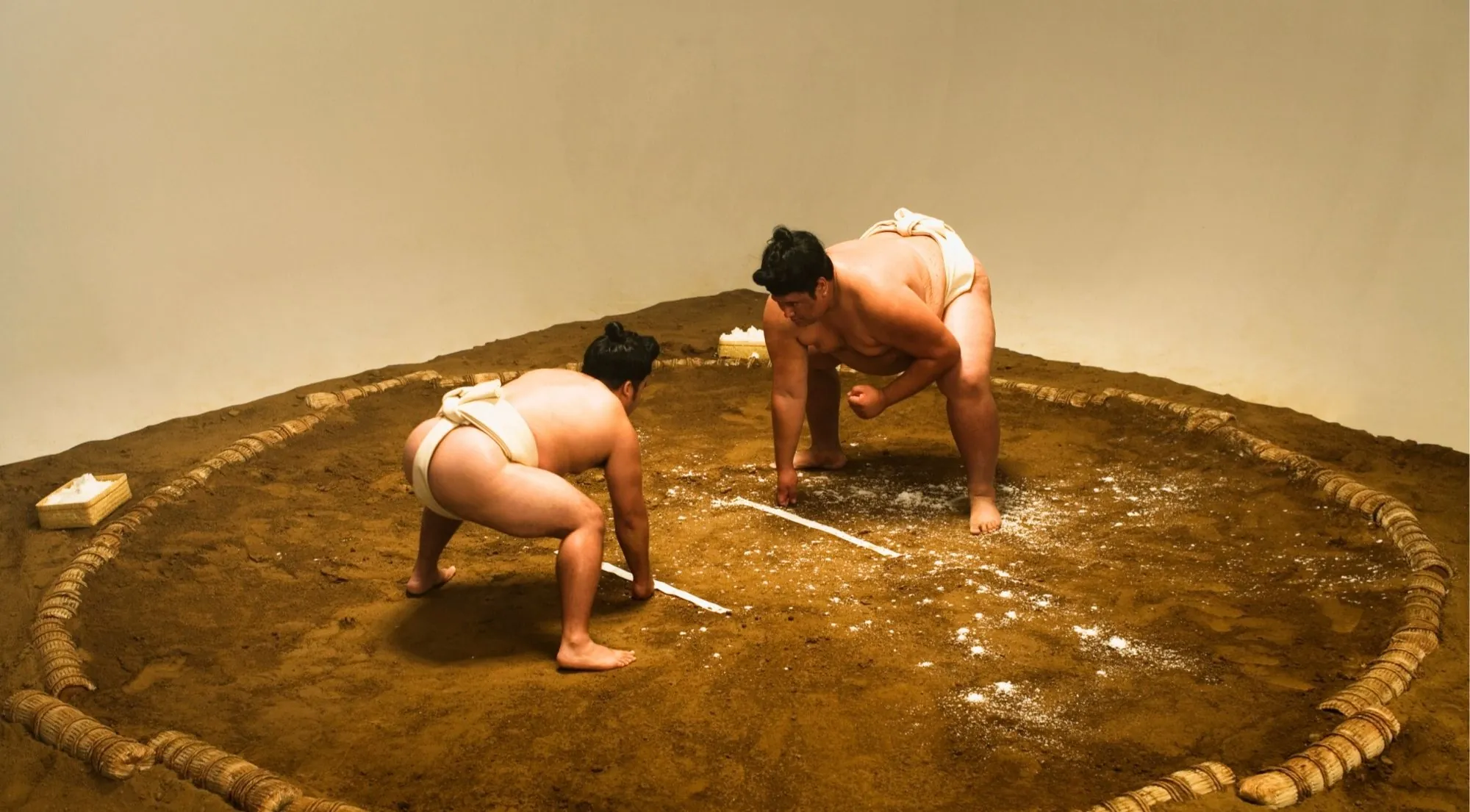 Two sumo wrestlers performing the salt-purification and stance ritual